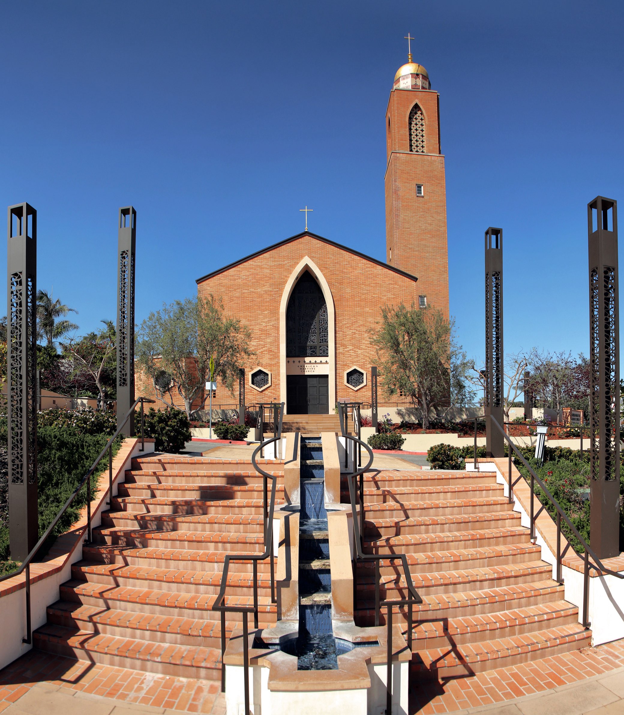 Outside front shot of the American Martyrs Church and its front staircase, a Southern California Religious Architecture Project by Pica + Sullivan Architects.