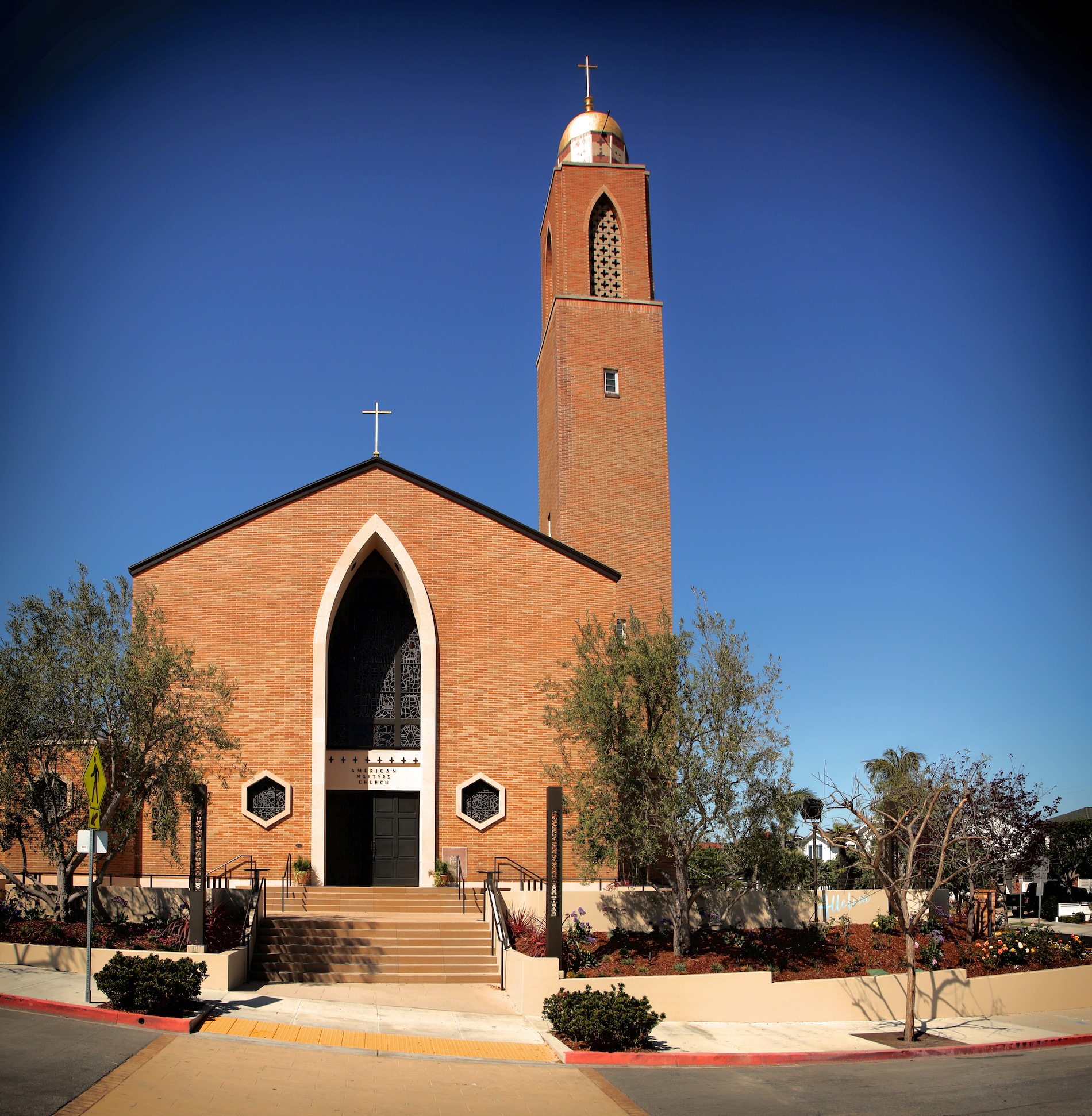 Outside front shot of the American Martyrs Church and its front staircase, a Southern California Religious Architecture Project by Pica + Sullivan Architects.