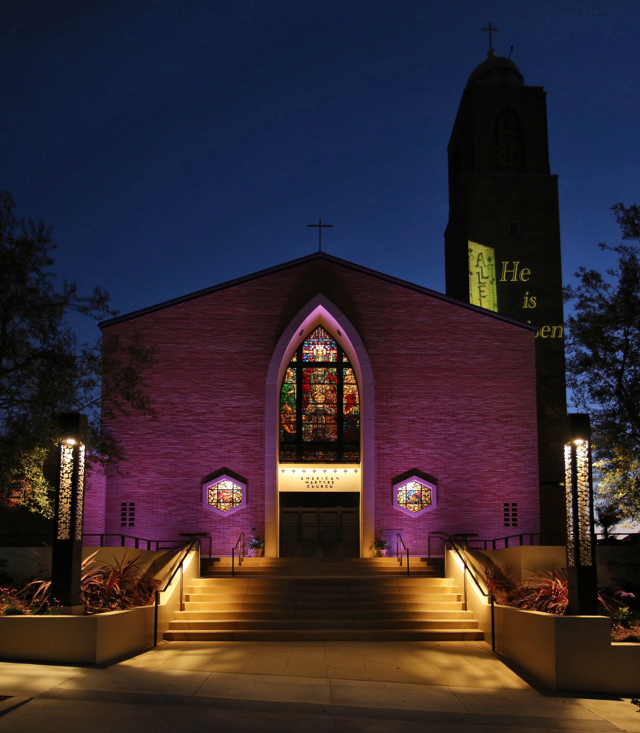 Nighttime exterior front shot of the American Martyrs Church, a Southern California Religious Architecture Project by Pica + Sullivan Architects.