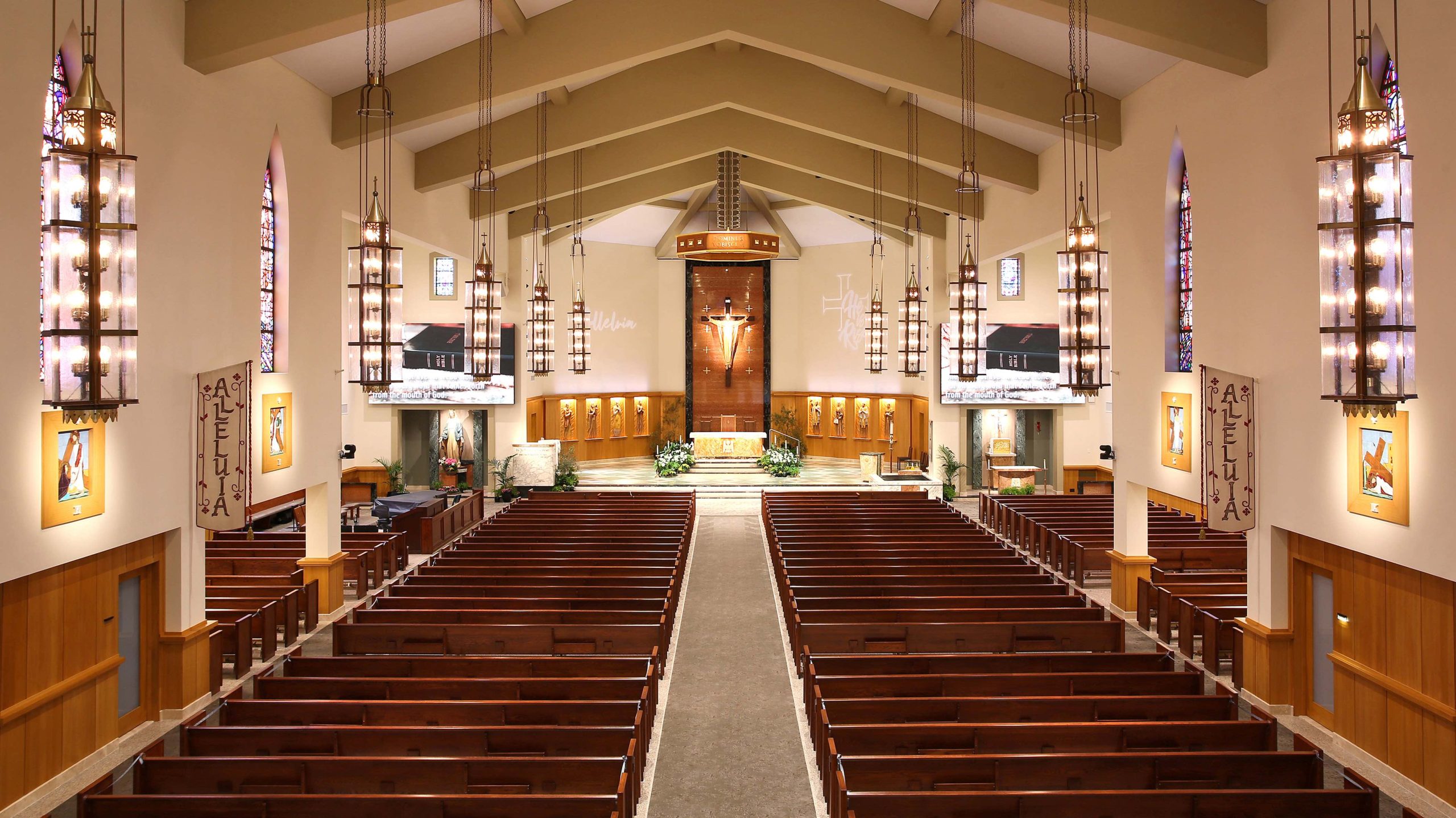 High-angle shot of the interior of the American Martyrs Church, a Southern California Religious Architecture Project by Pica + Sullivan Architects.