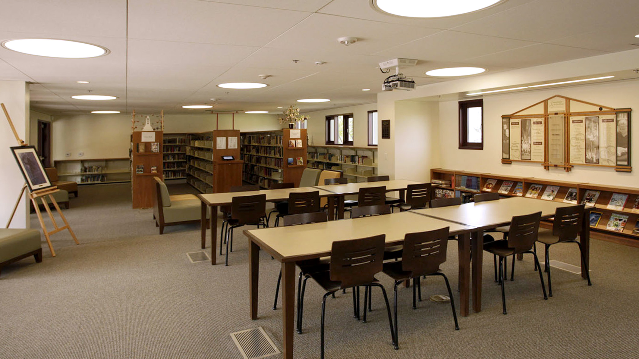 An empty library at the Chandler School in Pasadena, an educational architecture project in Southern California.