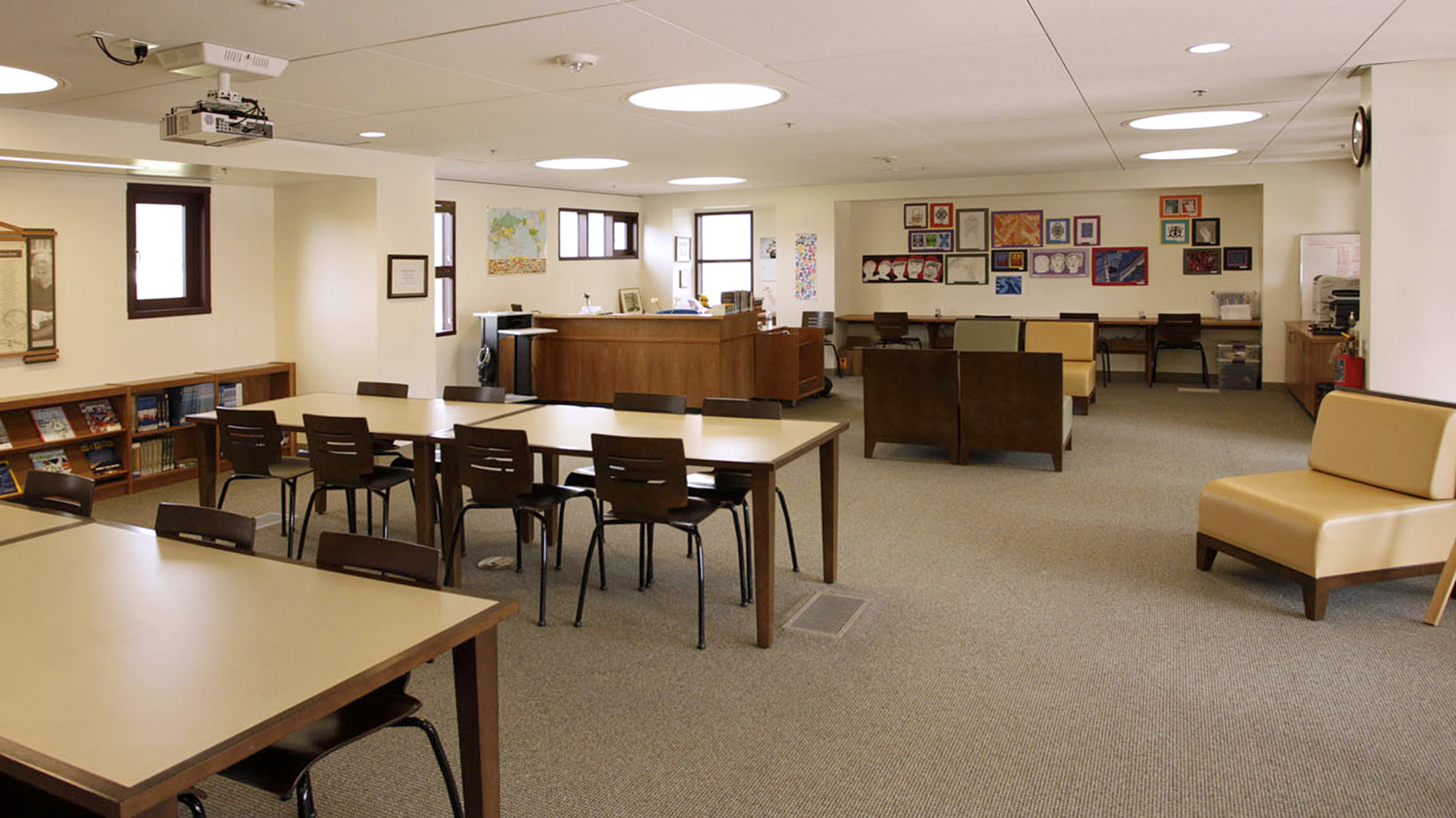 An empty library at the Chandler School in Pasadena, an educational architecture project in Southern California.