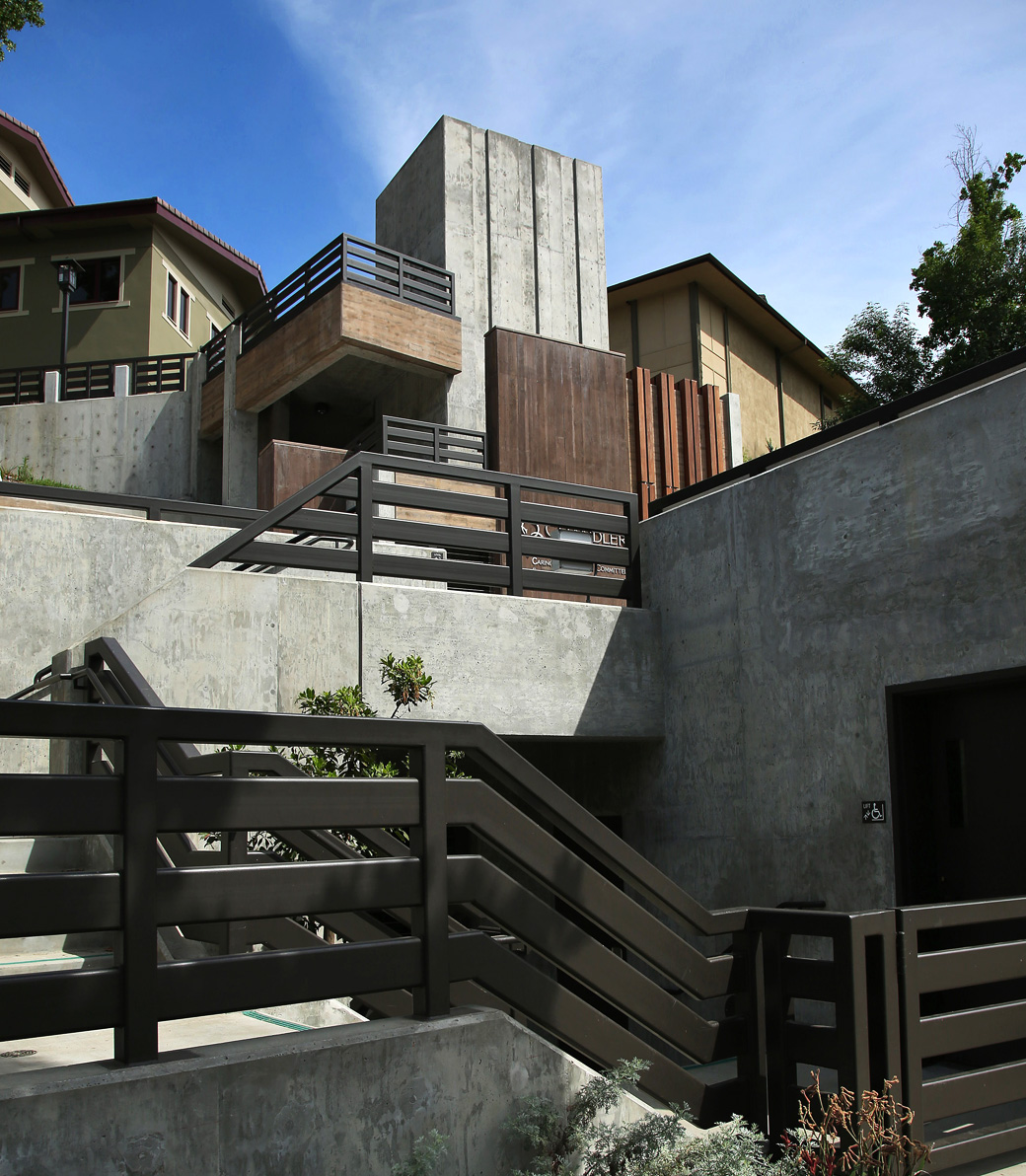 Staircase between exterior levels of the new parking structure at Chandler School in Pasadena.