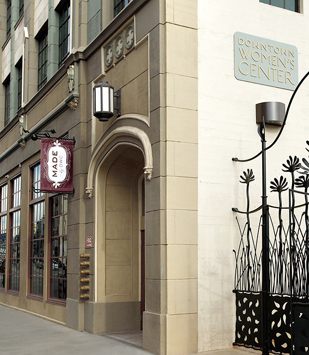 Exterior of the Downtown Women's Center in Los Angeles, a Pica+Sullivan Southern California non-profit architectural renovation project. A sign with