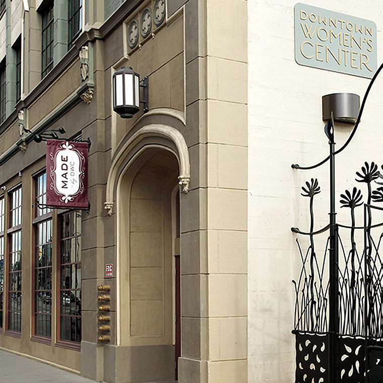 Exterior of the Downtown Women's Center in Los Angeles, a Pica+Sullivan Southern California non-profit architectural renovation project. A sign with