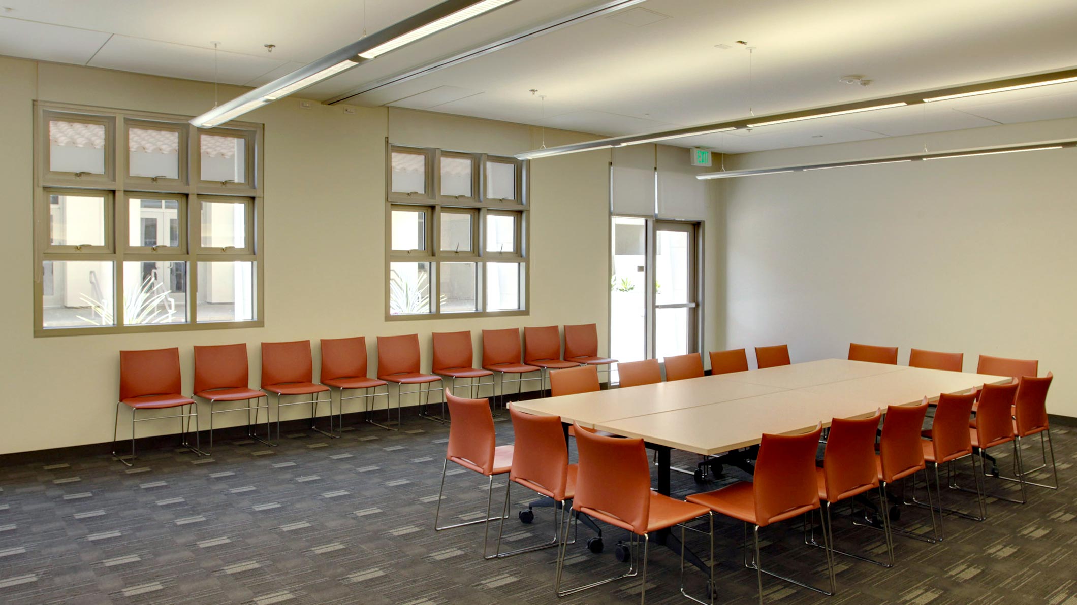 An empty meeting room at the Saint Monica Community Center in Santa Monica, a Southern California religious architectural project.