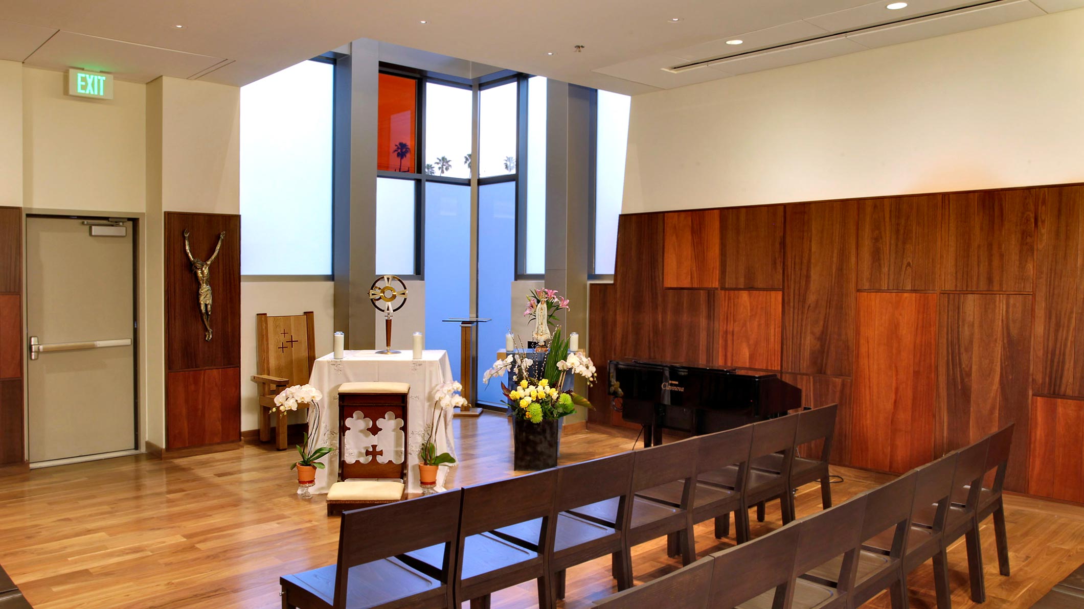 A room set up for a religious service at the Saint Monica Community Center in Santa Monica, a Southern California religious architectural project.