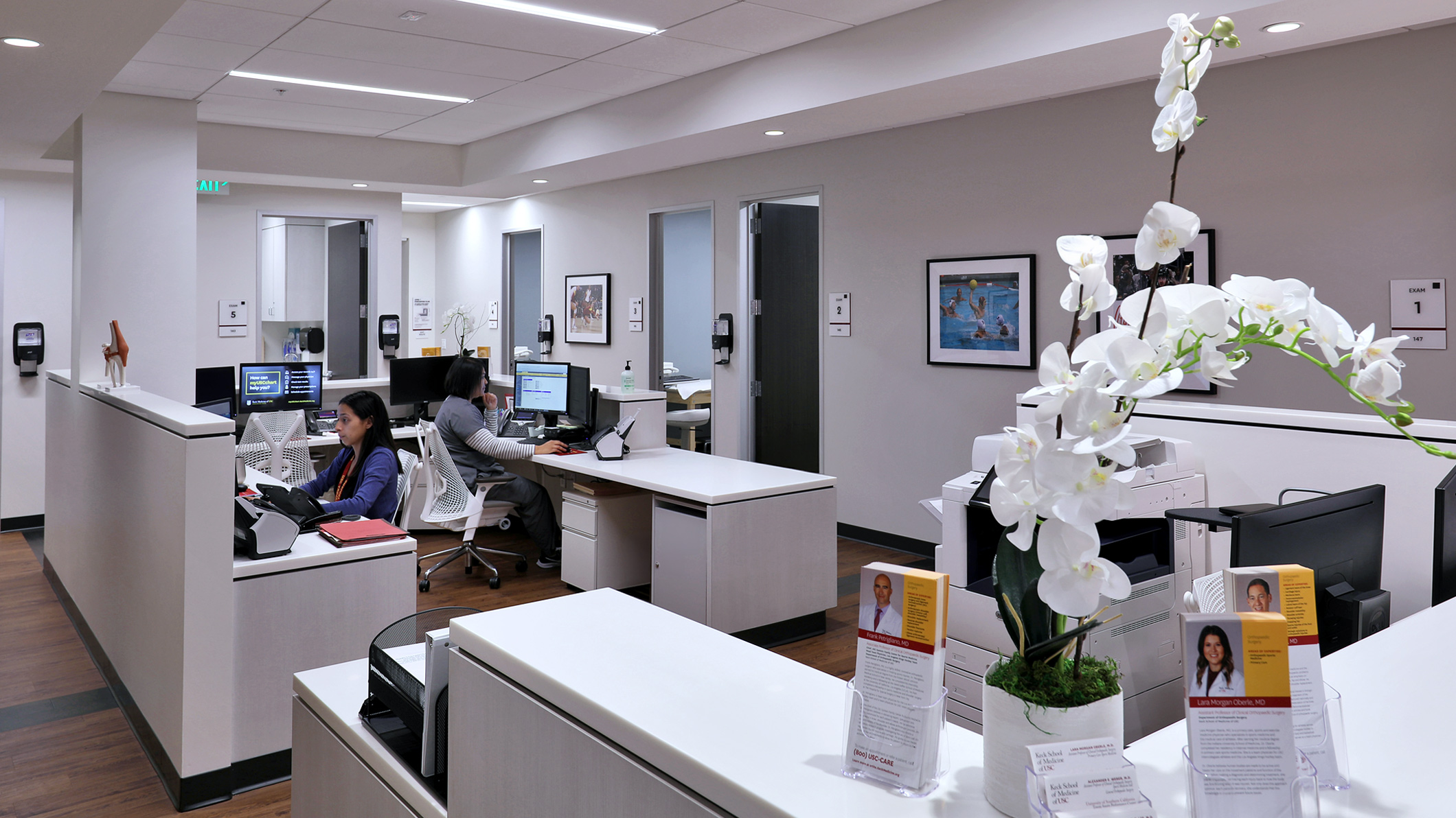 LA-KINGS-USC-003 Staff sit at desks in a central area at the LA Kings USC Meyer Sports Rehabilitation Center in El Segundo, a Pica+Sullivan Southern California architectural renovation project.