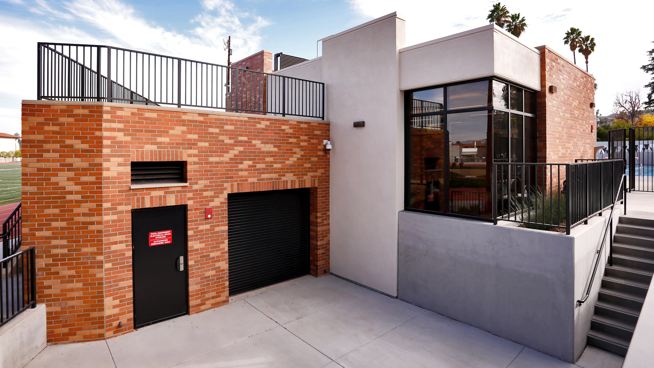 Exterior view of the buildings at the Robinson Family Aquatics Center at Crespi Carmelite High School in Encino, a Pica+Sullivan Southern California educational architectural project.