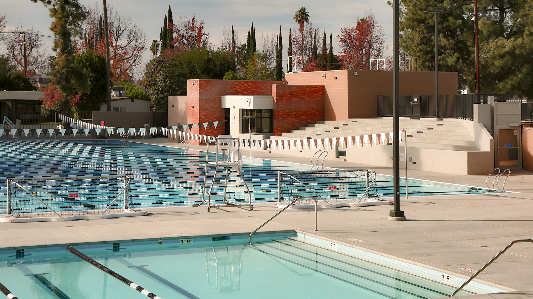 RFA-009 View of the pool set up for laps and racing at the Robinson Family Aquatics Center at Crespi Carmelite High School in Encino, a Pica+Sullivan Southern California educational architectural project.