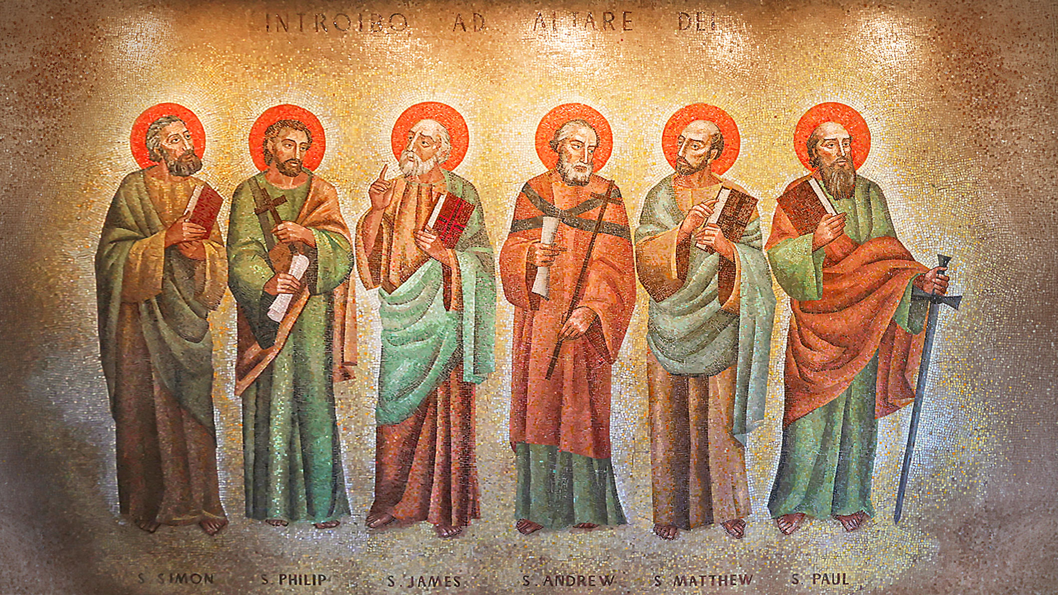 Mosaic wall of Saint Simon, Saint Phillip, Saint James, Saint Matthew, and Saint Paul the Apostle Church in Los Angeles, a Pica+Sullivan Southern California religious architectural renovation project.