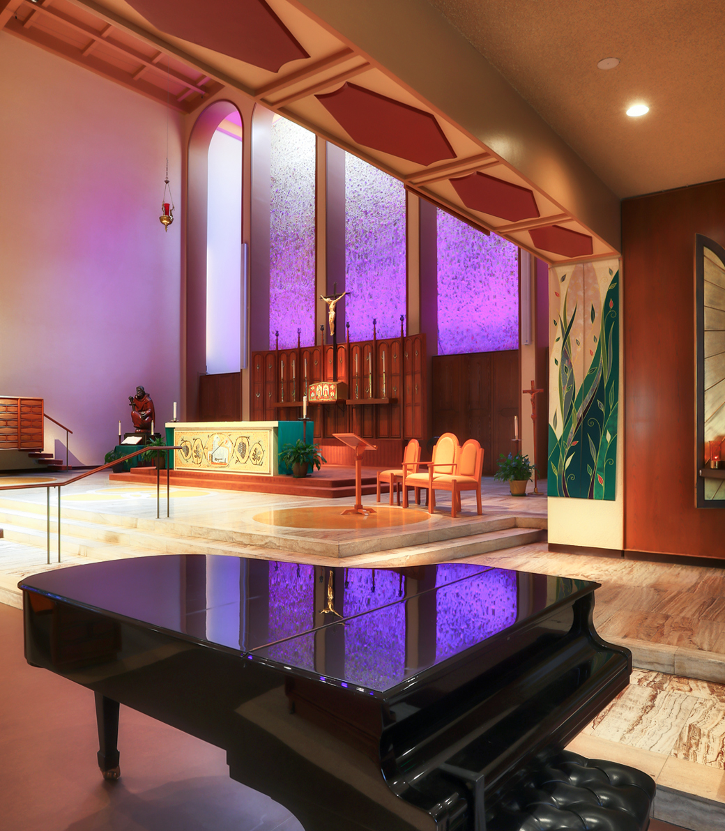 ST-PAUL_012 A piano sits near the staircase to the altar at the Saint Paul the Apostle Church in Los Angeles, a Pica+Sullivan Southern California religious architectural renovation project.